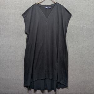 Lands End Dress Womens 3X Midi Pullover Shirt Solid Black Crinkle Cap Sleeve